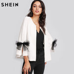 SHEIN Girls Elegant Coat Blazer Women Bow Slit Bell Sleeve Textured Blazer White Three Quarter Length Sleeve Blazer