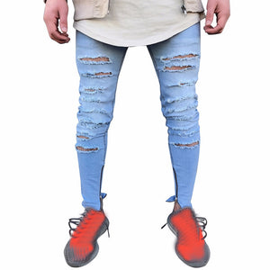 Men's Stretchy Ripped Skinny Biker Jeans Destroyed Taped Slim Fit Denim Pants