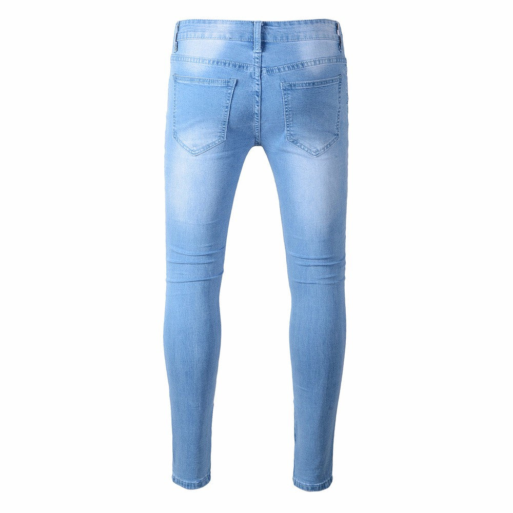 Men's Stretchy Ripped Skinny Biker Jeans Destroyed Taped Slim Fit Denim Pants