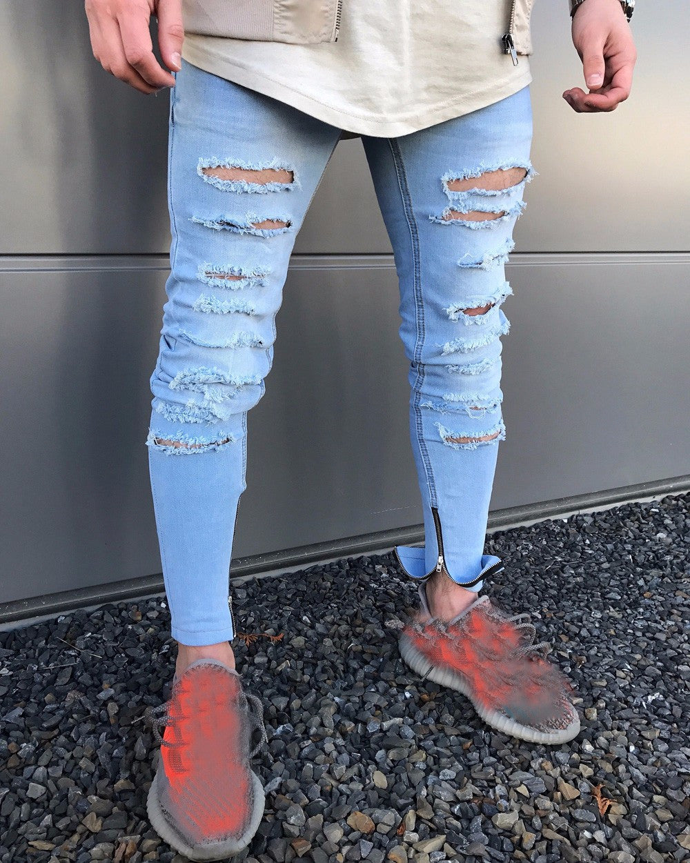 Men's Stretchy Ripped Skinny Biker Jeans Destroyed Taped Slim Fit Denim Pants