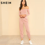 SHEIN Women 2 Piece Set Top and Pants Casual Woman Set Pink Off the Shoulder Crop Bardot Top and Drawstring Pants Set