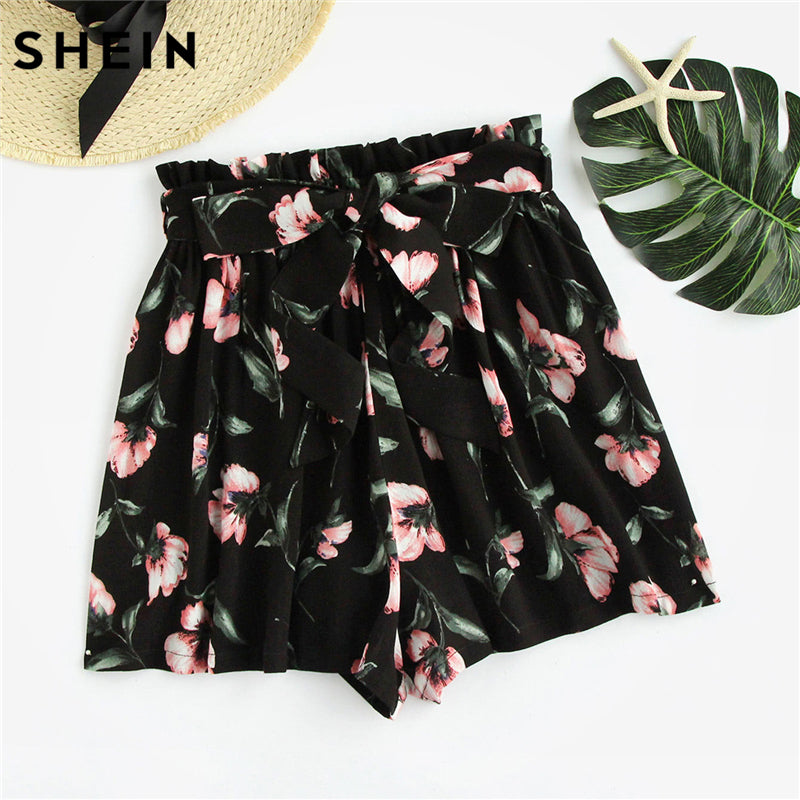 SHEIN Womens Shorts Multicolor Elastic Waist Lace Up Floral Loose Shorts Mid Waist Bow Tie Waist Flower Print Shorts