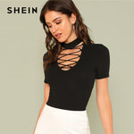 SHEIN Black Elegant Crisscross Choker V Neck Short Sleeve Striped Tee Summer Women Party Sexy T-shirt Top