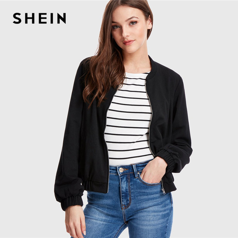 SHEIN Black Minimalist Streetwear Office Lady Workwear Zip Up Solid Bomber Round Neck Jacket Autumn Women Casual Jackets