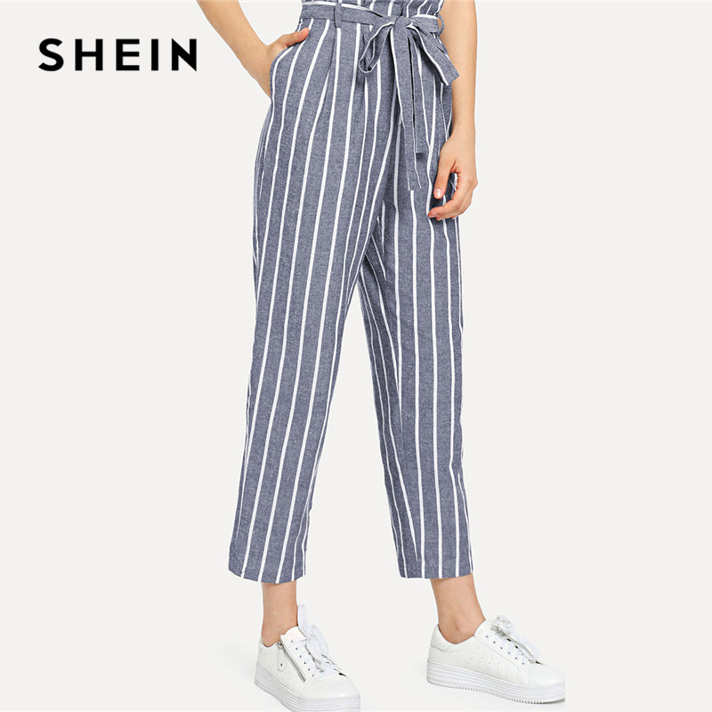 SHEIN Self Belted Striped Tapered Pants Blue High Waist Zipper Fly Crop Casual Trousers Women Autumn Pocket Pants