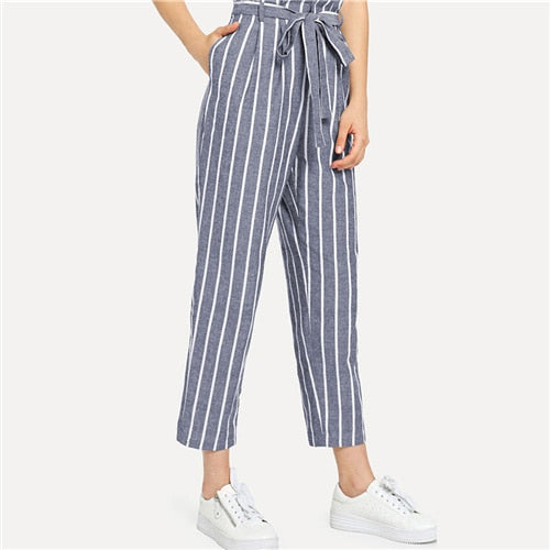 SHEIN Self Belted Striped Tapered Pants Blue High Waist Zipper Fly Crop Casual Trousers Women Autumn Pocket Pants