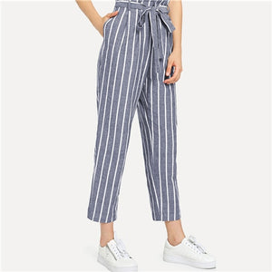 SHEIN Self Belted Striped Tapered Pants Blue High Waist Zipper Fly Crop Casual Trousers Women Autumn Pocket Pants