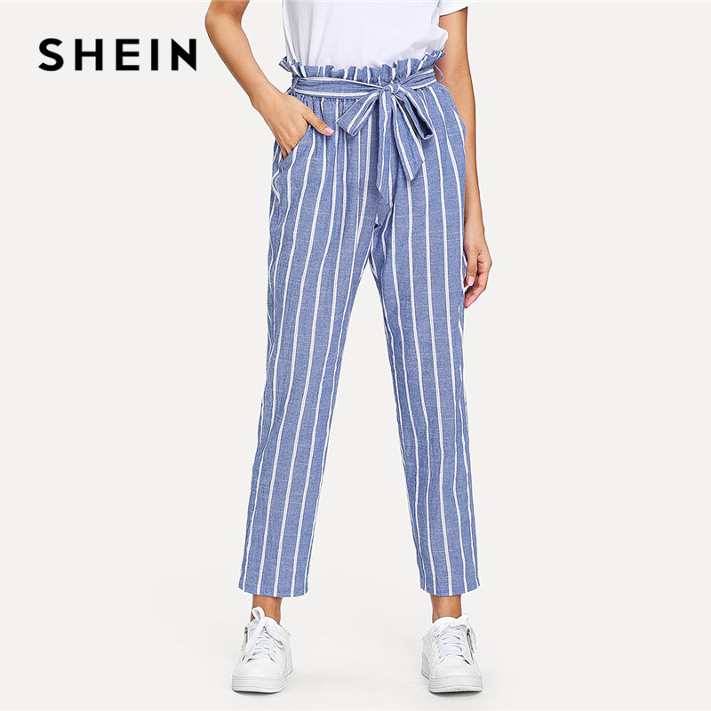 SHEIN Belted Waist Pocket Ruffle Striped Pants Blue High Waist Cotton Trousers Women Autumn Tapered Carrot Casual Pants