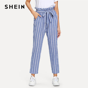 SHEIN Belted Waist Pocket Ruffle Striped Pants Blue High Waist Cotton Trousers Women Autumn Tapered Carrot Casual Pants