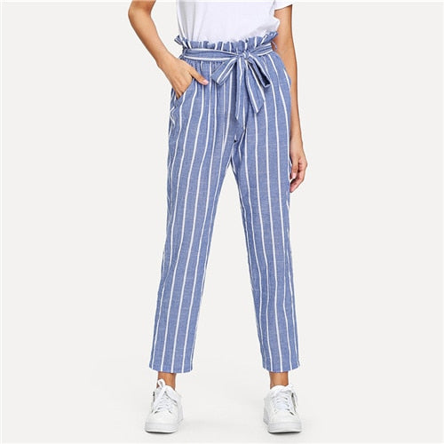 SHEIN Belted Waist Pocket Ruffle Striped Pants Blue High Waist Cotton Trousers Women Autumn Tapered Carrot Casual Pants