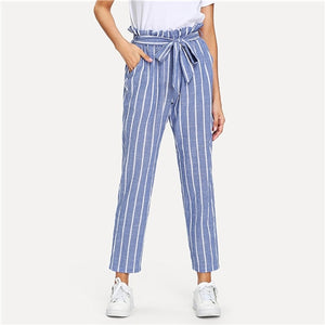 SHEIN Belted Waist Pocket Ruffle Striped Pants Blue High Waist Cotton Trousers Women Autumn Tapered Carrot Casual Pants