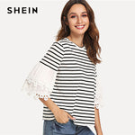 SHEIN Black and White Casual Floral Lace Applique Layered Flounce Sleeve Striped O-Neck Tee Summer Women Going Out T-shirt Top