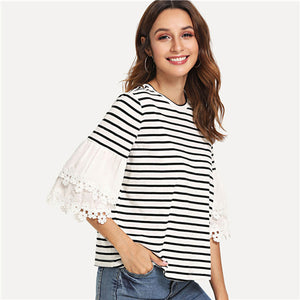 SHEIN Black and White Casual Floral Lace Applique Layered Flounce Sleeve Striped O-Neck Tee Summer Women Going Out T-shirt Top