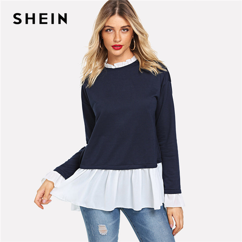 SHEIN Navy Contrast Ruffle Trim Heather Knit Sweatshirt Stand Collar Minimalist Pullovers Women Preppy Autumn Sweatshirt