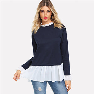 SHEIN Navy Contrast Ruffle Trim Heather Knit Sweatshirt Stand Collar Minimalist Pullovers Women Preppy Autumn Sweatshirt