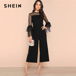 SHEIN Black Dot Mesh Shoulder Layered Bell Sleeve Jumpsuit Elegant Casual Wide Leg Jumpsuits Women Workwear Autumn Jumpsuit