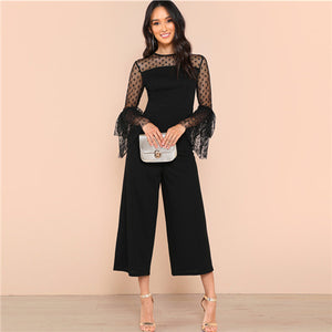SHEIN Black Dot Mesh Shoulder Layered Bell Sleeve Jumpsuit Elegant Casual Wide Leg Jumpsuits Women Workwear Autumn Jumpsuit
