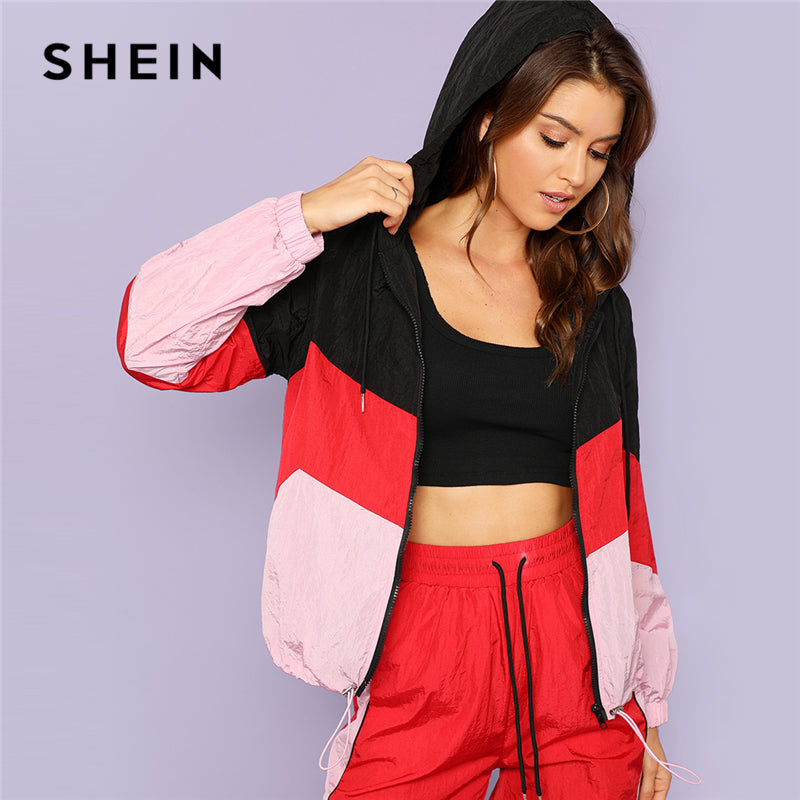 SHEIN Multicolor Casual Colorblock Cut And Sew Zipper Up Hooded Drawstring Jacket Women Autumn Going Out Jackets