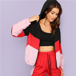 SHEIN Multicolor Casual Colorblock Cut And Sew Zipper Up Hooded Drawstring Jacket Women Autumn Going Out Jackets